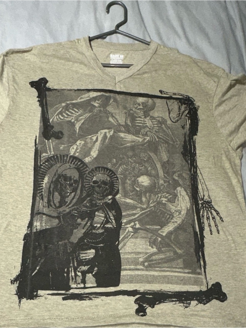 Route 66 Beige V-Neck Tee with Black Skeleton Frame Graphic